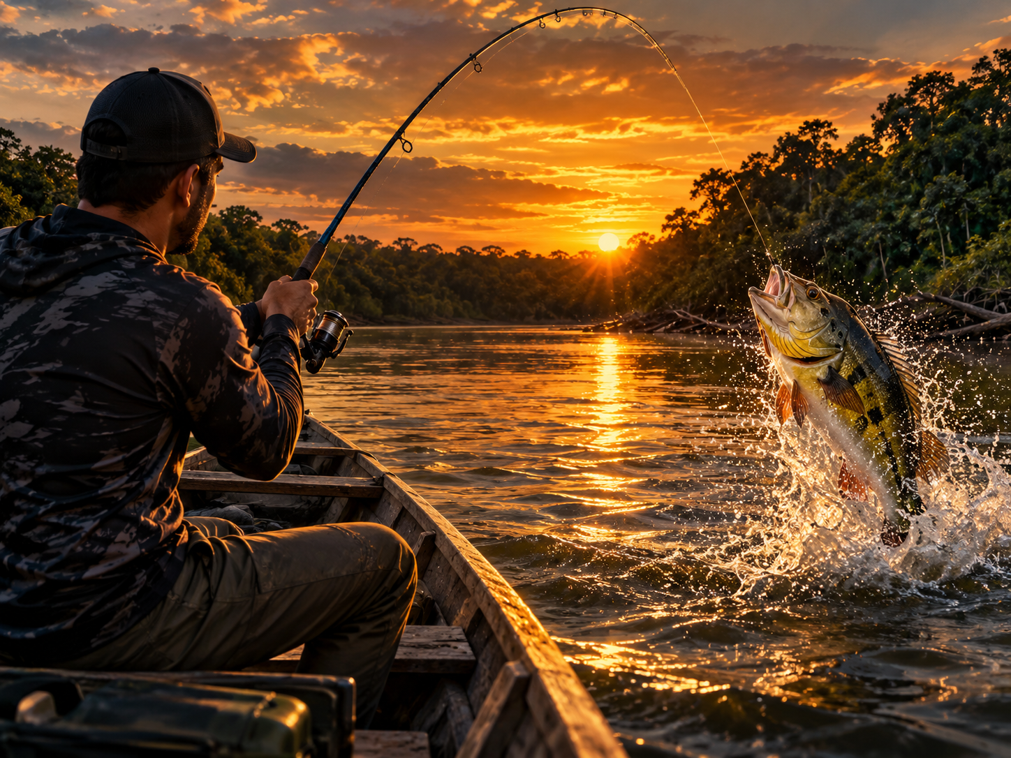 Pescador fisgando um tucunaré num rio brasileiro ao pôr do sol